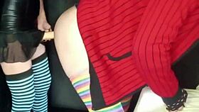 Woman pegging with strap-on fucks guy with female panties and ejaculates without touching herself