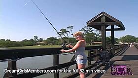 Shaved coed cutie flashes big natural tits in public park