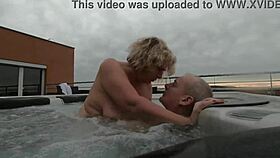 Fucking hard in outdoor public hot tub with dripping wet pussy