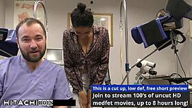 Behind the scenes, nurse Miss Mars teases patient with hitachi vibrator forcing shaved pussy orgasms