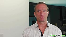 Stunning busty blonde masseuse gives sensual wet nuru massage!