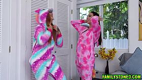 teens callie black and gaby ortega lick pussies in onesies