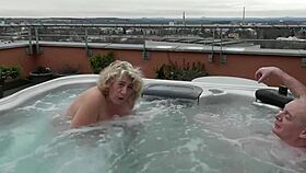 Fucking hard in outdoor public hot tub with dripping wet pussy