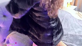 brunette in fur coat and pantyhose masturbates pussy with vibrator to squirting and female ejaculation close-up