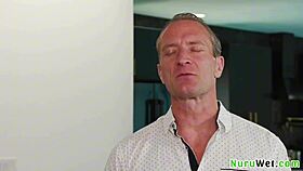 Stunning busty blonde masseuse gives sensual wet nuru massage!