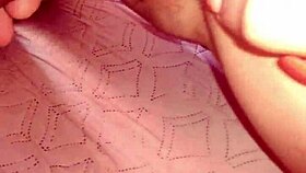 Blue dress hugs a skinny milf's natural curves