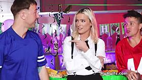 in this reality game, sexy blonde bartender gets shared in hardcore threesome with blowjobs