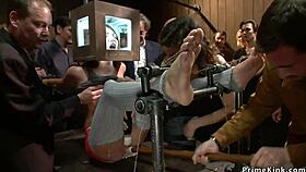 Redhead and blonde subs public banged in bondage