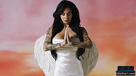 Busty milf joanna angel shows her luscious body with tattoos for playboy