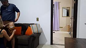 blonde wife cheats bent over on sofa