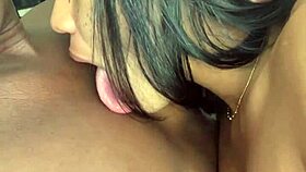 Amateur couple passionately licking and sucking big puffy nipples in POV