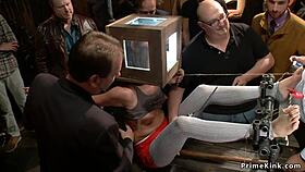 Redhead and blonde subs public banged in bondage