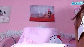 Amazing shaved teen fucks dildo!