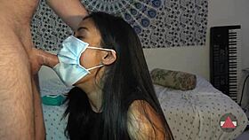 swallowed cock with mask, then sucked more without it.