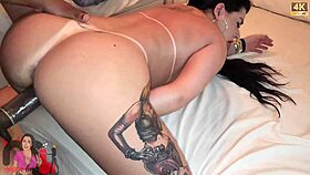 Brunette babe fucks two guys