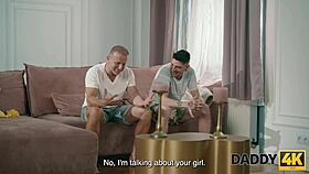 Young girlfriend cheats with older man on sofa