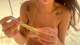 hotwife queen tests liquid gel vibrator naked on nudist beach