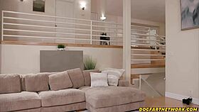 Busty babe slurps big cock to calm her roommate down