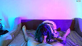 skinny tattooed hottie rides passionately in body harness cowgirl bliss