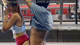 Public train terminal couple flashes pussy for risky outdoor fuck