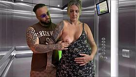 Pregnant neighbor gags on monster cock deepthroat in elevator cum blast.