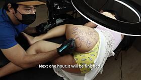 Curvy big ass tattooed girl gets horny bends over skirt up for rough doggystyle licking