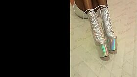 Petite latina milf struts in total silver fishnets heels and pantyhose