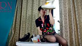 Lady's Sensual Pantyhose Heels Striptease Ignites Passion At Round Table