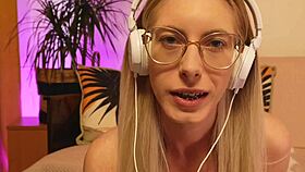 Skinny teen with glasses braces teases STROKE IT now