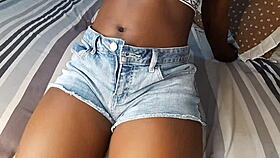 Stunning ebony latina brunette teases pussy touch for husband's creampie fuck