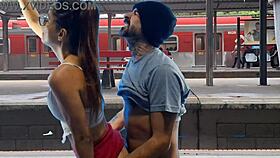Public train terminal couple flashes pussy for risky outdoor fuck
