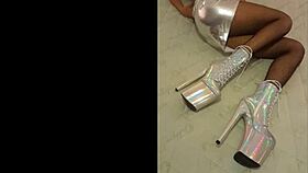 Petite latina milf struts in total silver fishnets heels and pantyhose