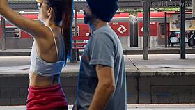 Public train terminal couple flashes pussy for risky outdoor fuck