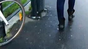 Hidden camera catches candid BLUE JEANS WALKING