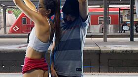 Public train terminal couple flashes pussy for risky outdoor fuck