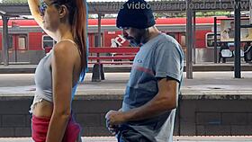 Public train terminal couple flashes pussy for risky outdoor fuck
