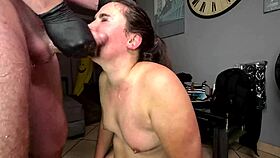 Rough Chubby Brunette Gags On Monster Cock With Latex Gloves Slaps!