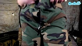 while boyfriend watches, sexy tattooed blonde soldier fingers her dripping pussy on cam