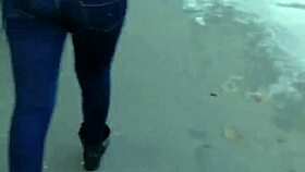 Hidden camera catches candid BLUE JEANS WALKING