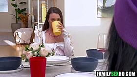 Two brunettes compete sucking and fucking older man's shaved pussy