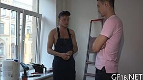 a nice-looking 18+ beauty stands perfectly in doggy fashion pose outdoors