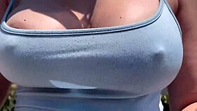 Artemisia Love struts outdoors braless with huge tits bouncing horny as hell