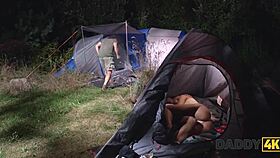 Blonde babe ditches boyfriend to ride older stud's cock deep in forest