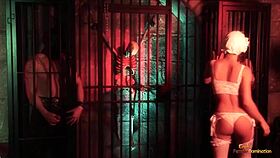 oh man, these two demons escape and ravage brunette babe in stockings