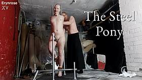 blindfolded slave bound on steel pony squirts from vibrator torment