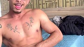 The muscular Brazilian bodybuilder strokes out a creamy solo load sensually.