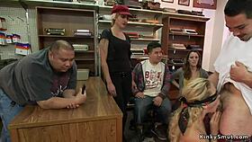 Teasing busty blonde endures wild public gangbang exposure