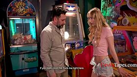 petite blonde sneaks outdoor pussy pounding under arcade lights