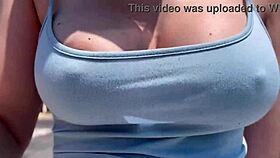 Artemisia Love struts outdoors braless with huge tits bouncing horny as hell