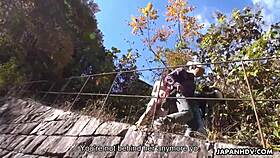 Naked Japanese brunette Maki Hojo fingers hairy pussy outdoors uncensored